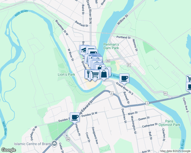 map of restaurants, bars, coffee shops, grocery stores, and more near in Brant