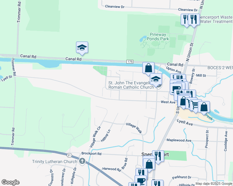 map of restaurants, bars, coffee shops, grocery stores, and more near 6 Jessica Lane in Spencerport