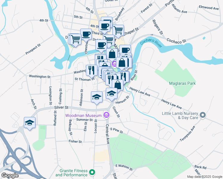 map of restaurants, bars, coffee shops, grocery stores, and more near 250 Central Avenue in Dover