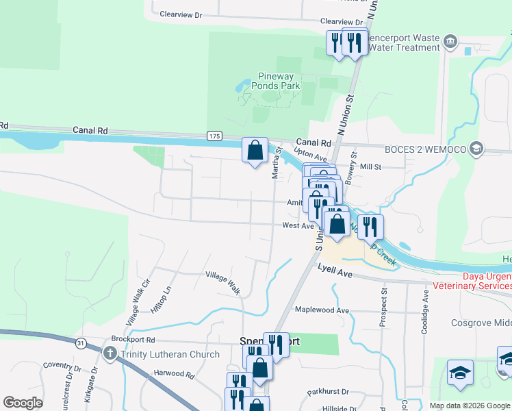 map of restaurants, bars, coffee shops, grocery stores, and more near 72 Clark Street in Spencerport