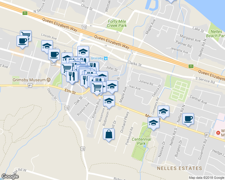 map of restaurants, bars, coffee shops, grocery stores, and more near 7 Robinson Street North in Grimsby