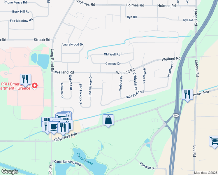 map of restaurants, bars, coffee shops, grocery stores, and more near 58 Webwood Circle in Rochester