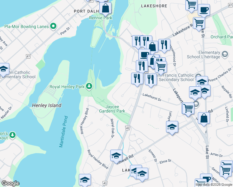 map of restaurants, bars, coffee shops, grocery stores, and more near 37 Ziraldo Road in St. Catharines