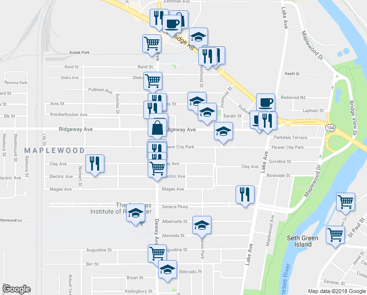 map of restaurants, bars, coffee shops, grocery stores, and more near 419 Flower City Park in Rochester