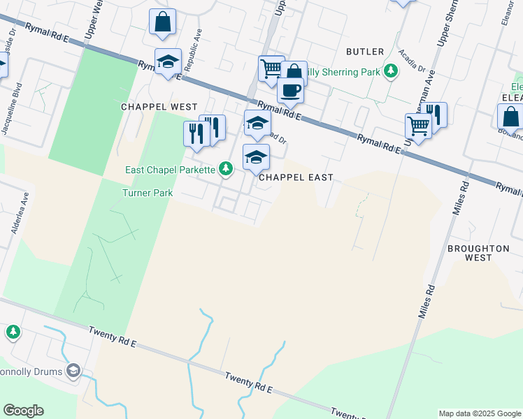 map of restaurants, bars, coffee shops, grocery stores, and more near 120 Vineberg Drive in Hamilton