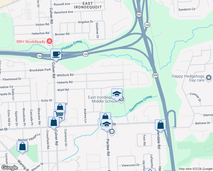 map of restaurants, bars, coffee shops, grocery stores, and more near 285 Wahl Road in Rochester