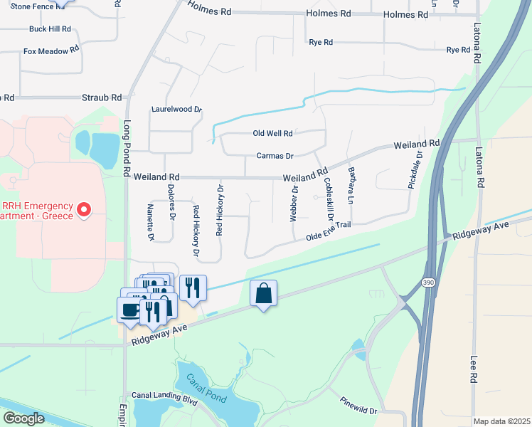 map of restaurants, bars, coffee shops, grocery stores, and more near 58 Webwood Circle in Rochester