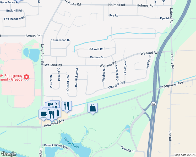map of restaurants, bars, coffee shops, grocery stores, and more near 58 Webwood Circle in Rochester