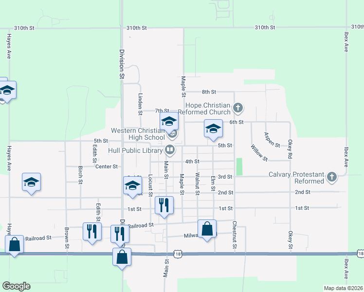 map of restaurants, bars, coffee shops, grocery stores, and more near 1100 5th Street in Hull