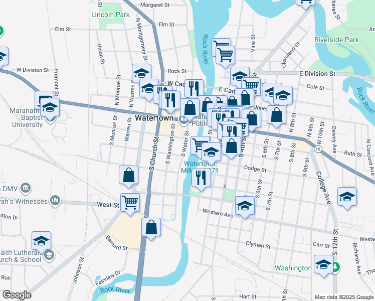 map of restaurants, bars, coffee shops, grocery stores, and more near 211 South Water Street in Watertown