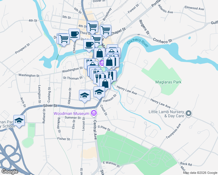 map of restaurants, bars, coffee shops, grocery stores, and more near 26 George Street in Dover