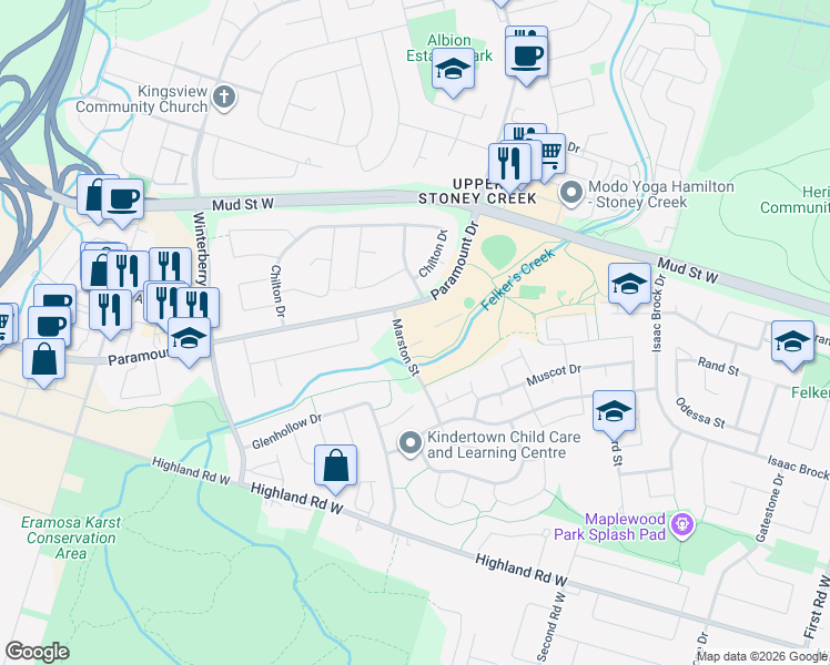 map of restaurants, bars, coffee shops, grocery stores, and more near 970 Paramount Drive in Stoney Creek
