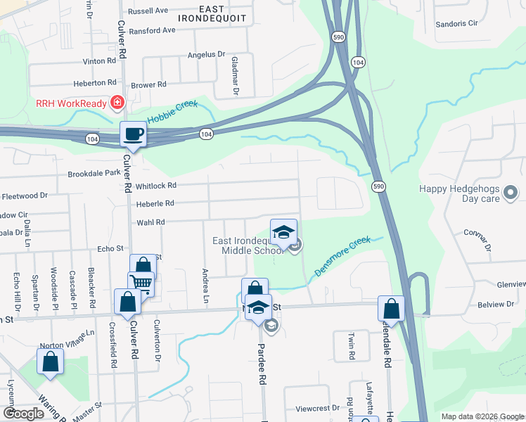 map of restaurants, bars, coffee shops, grocery stores, and more near 284 Wahl Road in Irondequoit