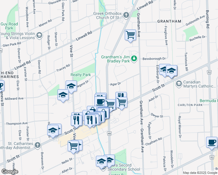 map of restaurants, bars, coffee shops, grocery stores, and more near 482 Niagara Street in St. Catharines