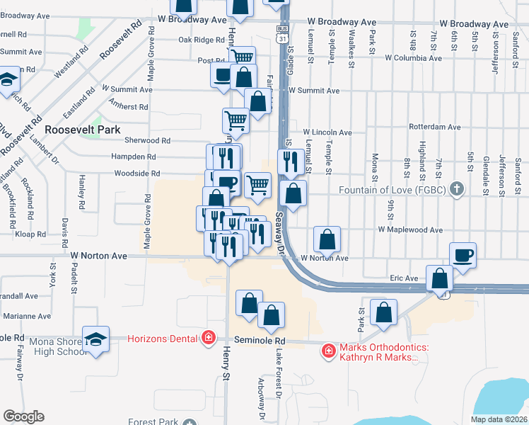 map of restaurants, bars, coffee shops, grocery stores, and more near 700 West Norton Avenue in Muskegon