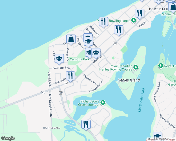map of restaurants, bars, coffee shops, grocery stores, and more near 313 Main Street in St. Catharines