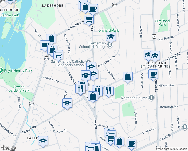 map of restaurants, bars, coffee shops, grocery stores, and more near Lake Street in Saint Catharines