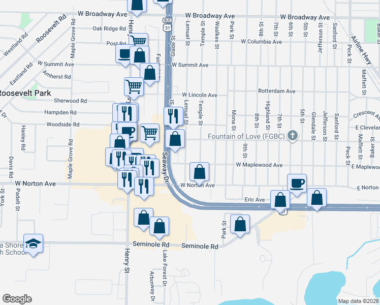 map of restaurants, bars, coffee shops, grocery stores, and more near 3327 Lemuel Street in Muskegon Heights