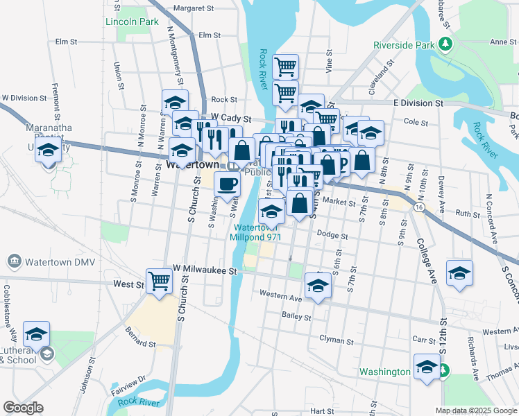 map of restaurants, bars, coffee shops, grocery stores, and more near 220 South 1st Street in Watertown