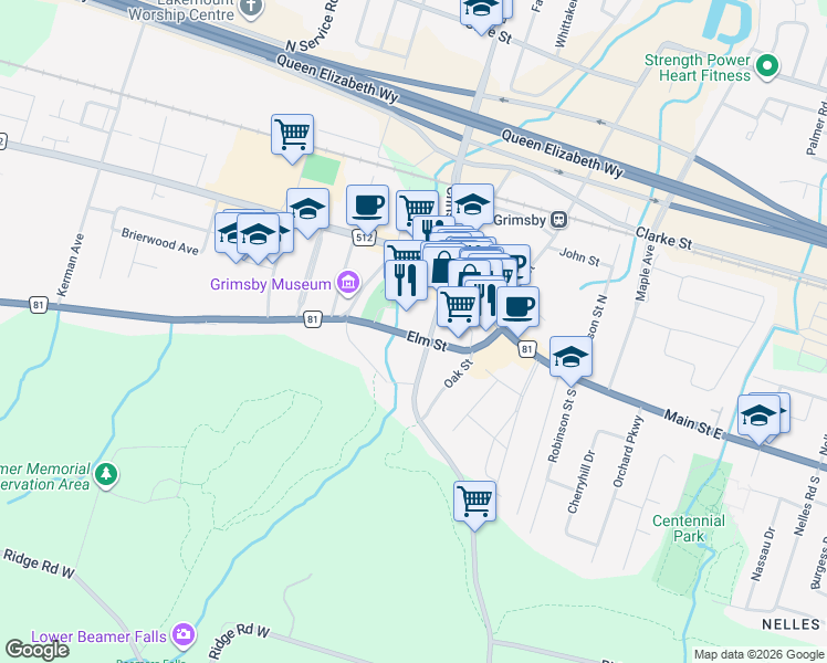map of restaurants, bars, coffee shops, grocery stores, and more near 15 Elm Street in Grimsby