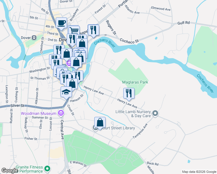 map of restaurants, bars, coffee shops, grocery stores, and more near 10 Wallingford Street in Dover