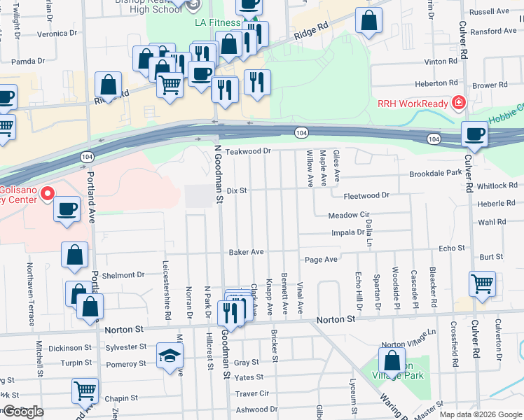 map of restaurants, bars, coffee shops, grocery stores, and more near 233 Knapp Avenue in Rochester