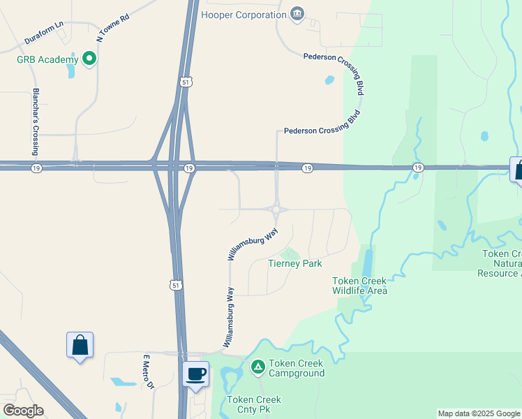 map of restaurants, bars, coffee shops, grocery stores, and more near Savannah Drive in DeForest