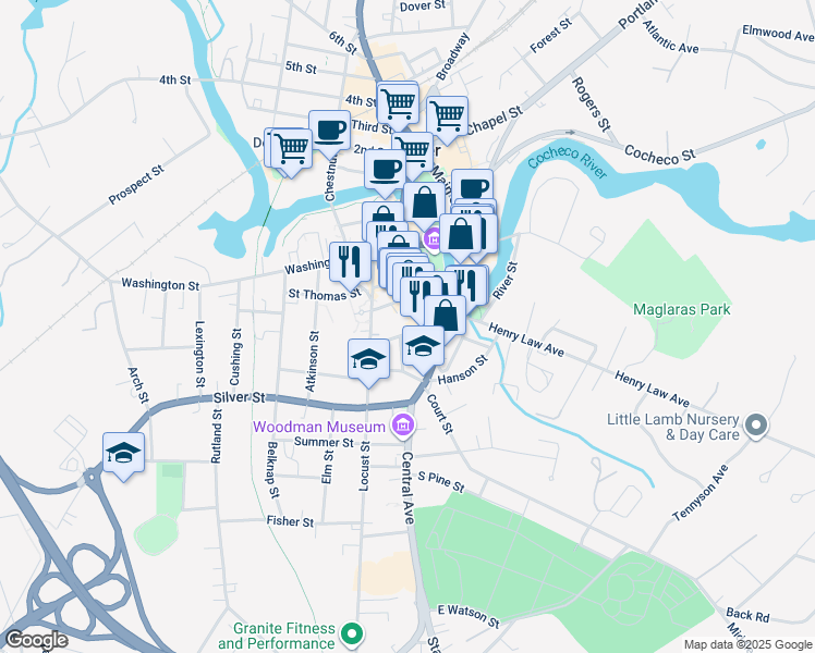 map of restaurants, bars, coffee shops, grocery stores, and more near 250 Central Avenue in Dover