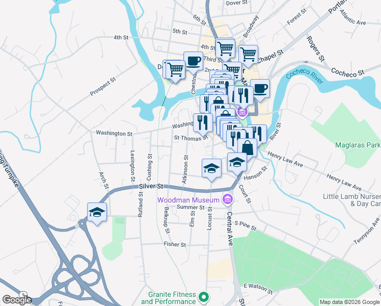 map of restaurants, bars, coffee shops, grocery stores, and more near 43 Atkinson Street in Dover
