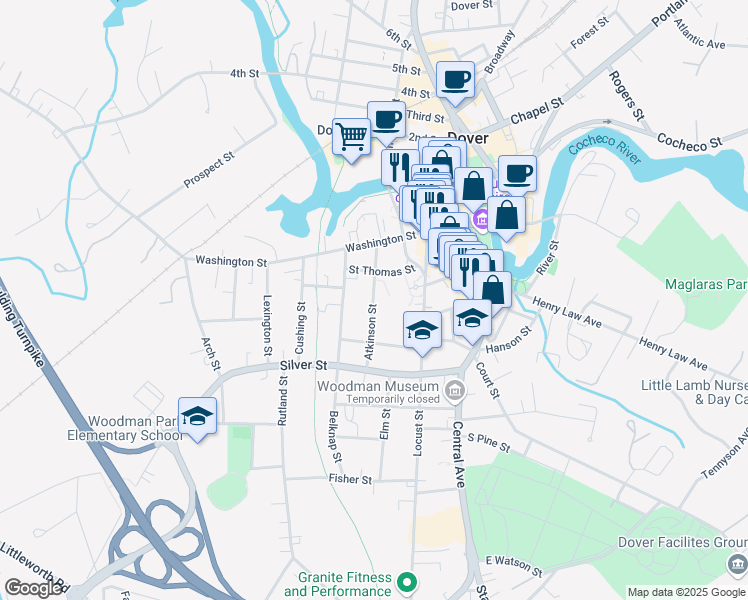 map of restaurants, bars, coffee shops, grocery stores, and more near 43 Atkinson Street in Dover