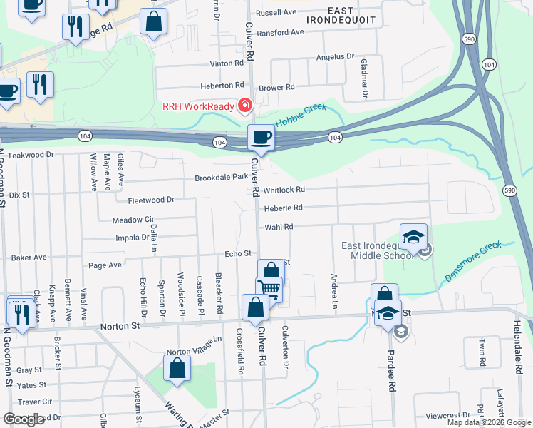 map of restaurants, bars, coffee shops, grocery stores, and more near 32 Wahl Road in Irondequoit