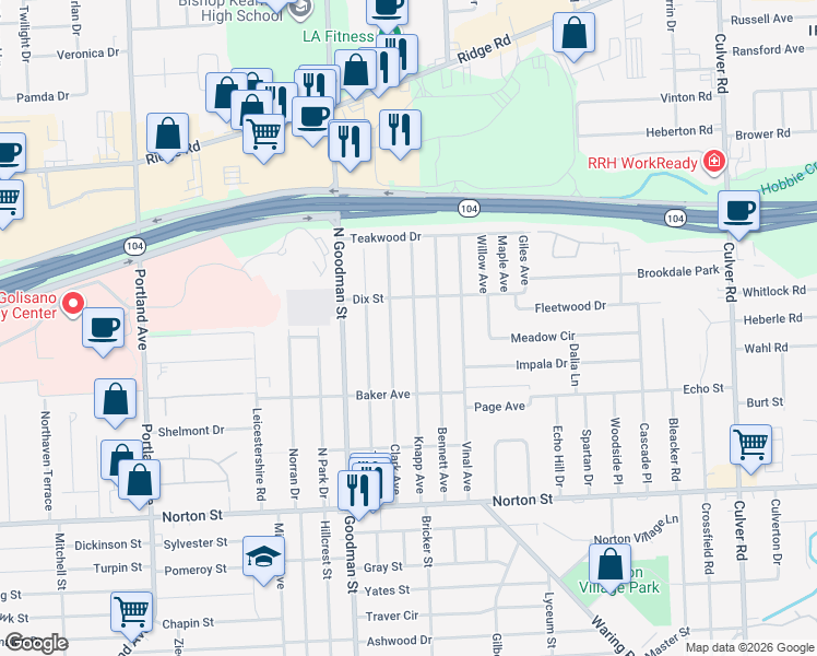 map of restaurants, bars, coffee shops, grocery stores, and more near 233 Knapp Avenue in Rochester