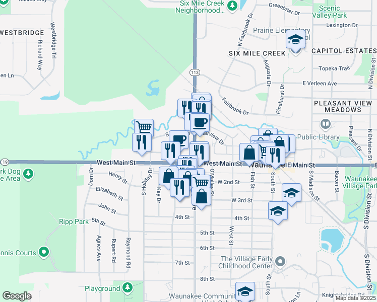 map of restaurants, bars, coffee shops, grocery stores, and more near 509 West Main Street in Waunakee