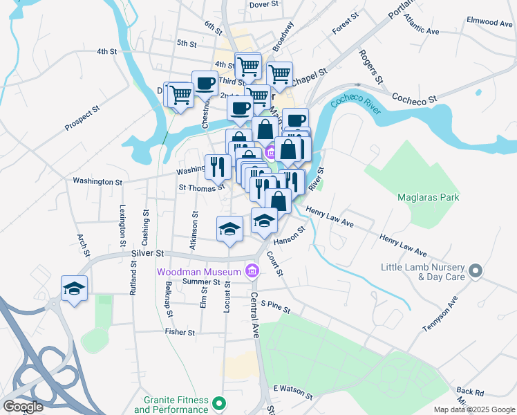 map of restaurants, bars, coffee shops, grocery stores, and more near 250 Central Avenue in Dover