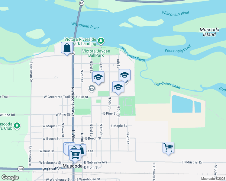 map of restaurants, bars, coffee shops, grocery stores, and more near 808 North 5th Street in Muscoda