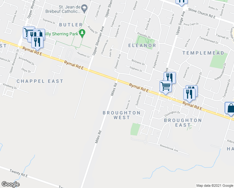 map of restaurants, bars, coffee shops, grocery stores, and more near 29 Miles Road in Hamilton