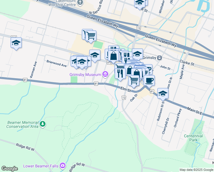 map of restaurants, bars, coffee shops, grocery stores, and more near 123 Main Street West in Grimsby