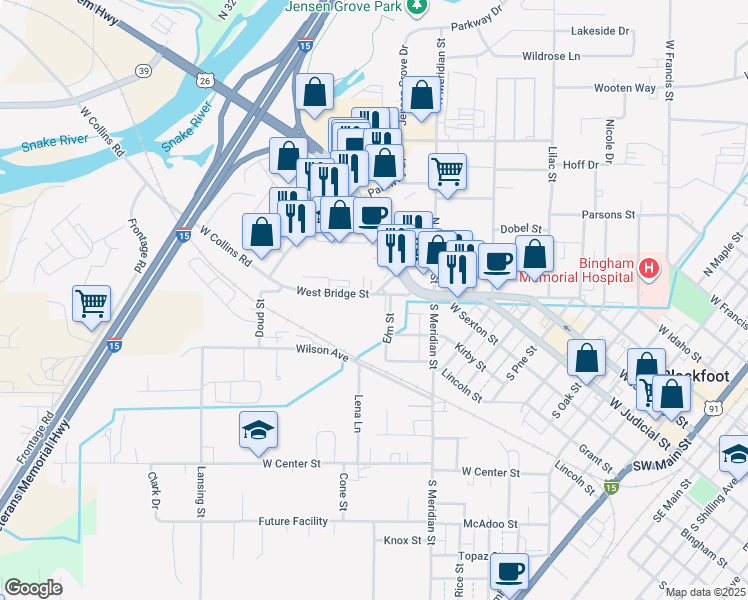 map of restaurants, bars, coffee shops, grocery stores, and more near 1030 West Bridge Street in Blackfoot