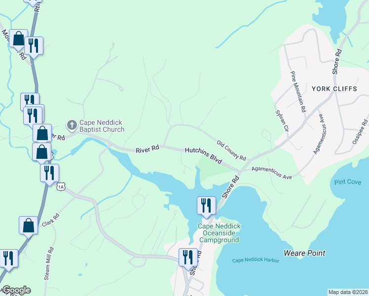 map of restaurants, bars, coffee shops, grocery stores, and more near 155 River Road in York