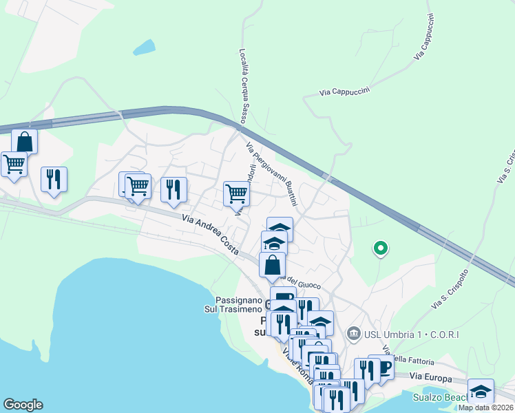 map of restaurants, bars, coffee shops, grocery stores, and more near 6 Via Mario Lucertini in Passignano sul Trasimeno
