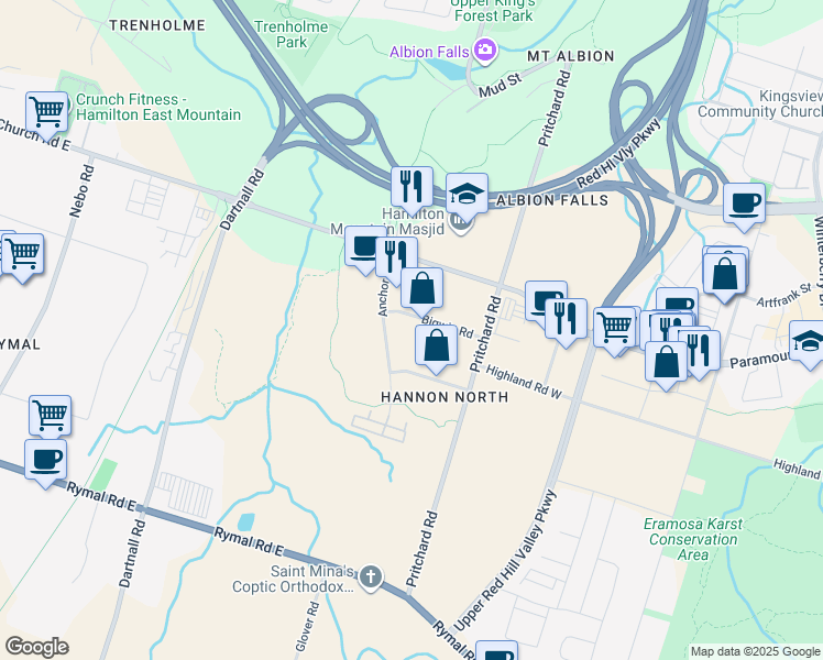 map of restaurants, bars, coffee shops, grocery stores, and more near 38a Bigwin Road in Hamilton