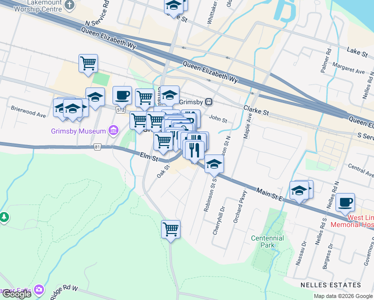 map of restaurants, bars, coffee shops, grocery stores, and more near 21 Main Street East in Grimsby