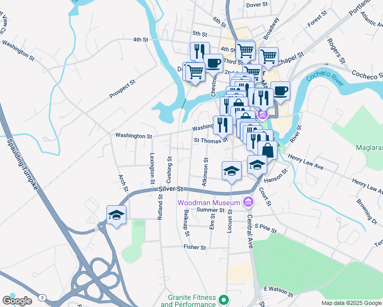 map of restaurants, bars, coffee shops, grocery stores, and more near 33 Belknap Street in Dover