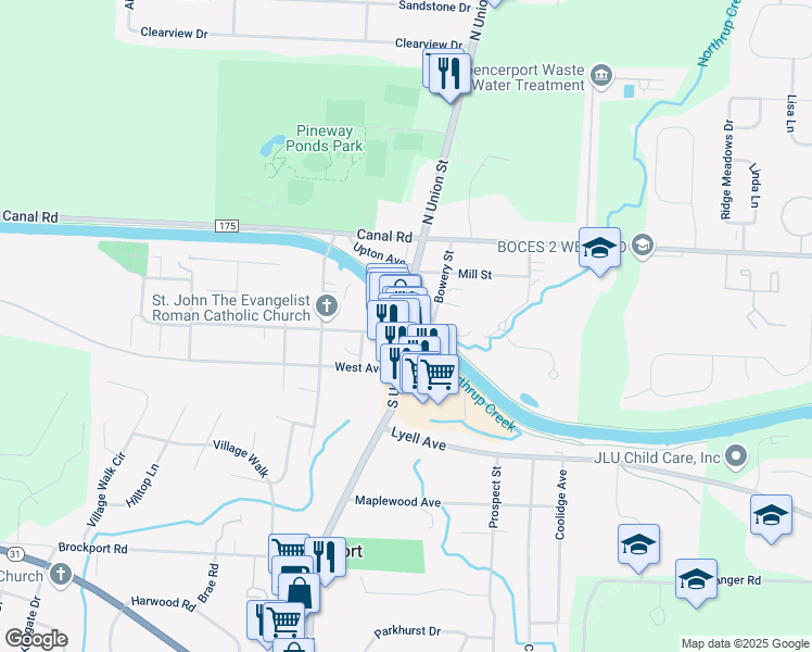 map of restaurants, bars, coffee shops, grocery stores, and more near 122 South Union Street in Spencerport