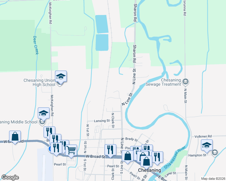 map of restaurants, bars, coffee shops, grocery stores, and more near 156 Meadowwood Lane in Chesaning