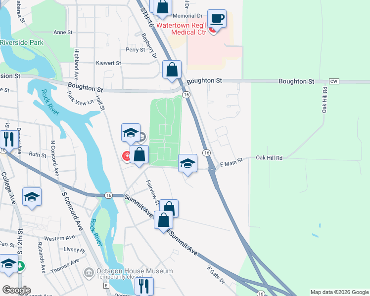 map of restaurants, bars, coffee shops, grocery stores, and more near 13 Oakridge Court in Watertown
