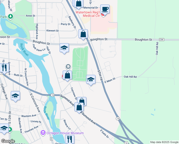 map of restaurants, bars, coffee shops, grocery stores, and more near 126 Oakridge Court in Watertown