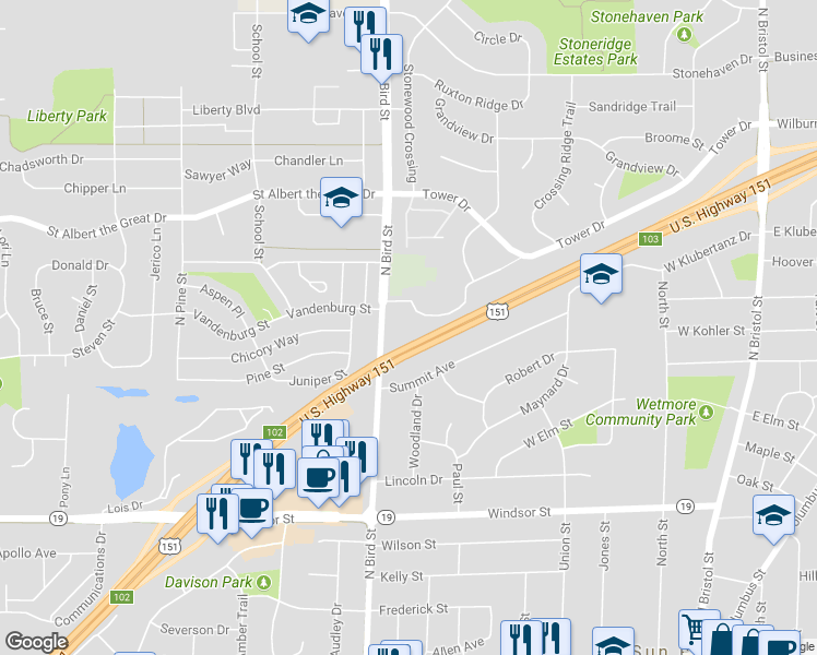 map of restaurants, bars, coffee shops, grocery stores, and more near 681 Athletic Way in Sun Prairie