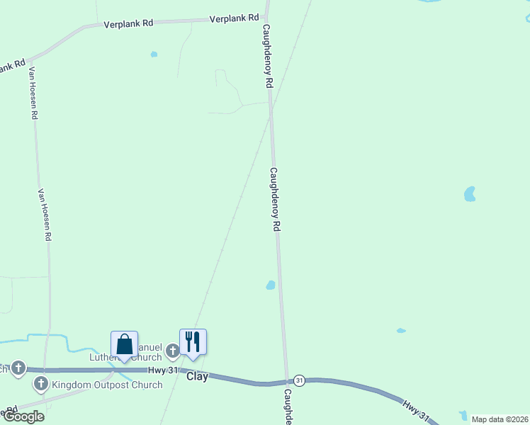 map of restaurants, bars, coffee shops, grocery stores, and more near 8725 Caughdenoy Road in Clay