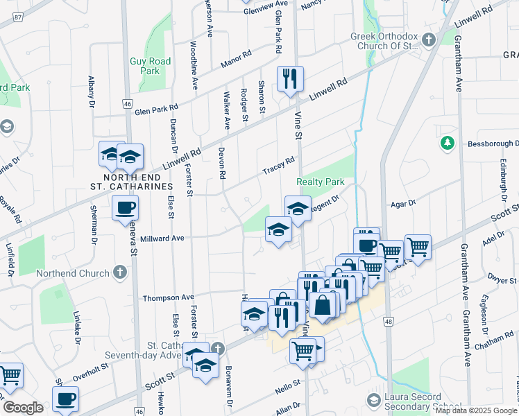 map of restaurants, bars, coffee shops, grocery stores, and more near 14 Jeanette Drive in St. Catharines